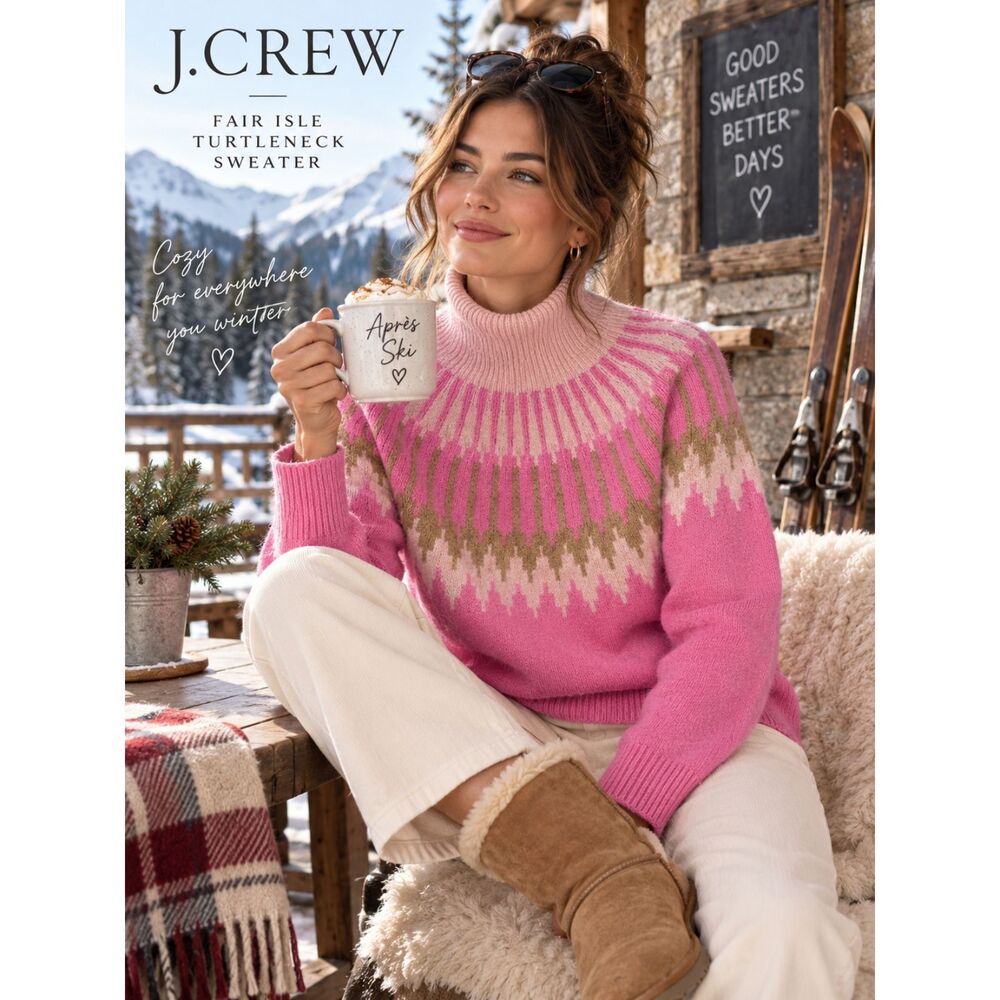 J.Crew Fair Isle Turtleneck Sweater Pink Merino Alpaca Après Ski Size S Cozycore